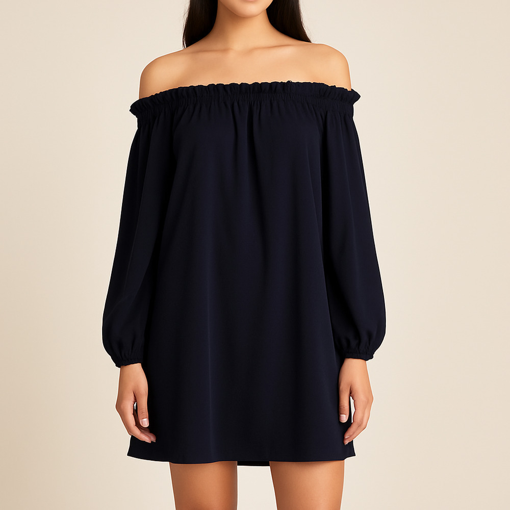 IXIAH Celluloid Dress 4 Navy Off Shoulder Ruffle Long Sleeve Boho